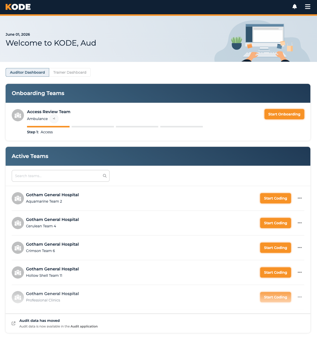 Auditor dashboard with the Onboarding Teams and Active Teams sections