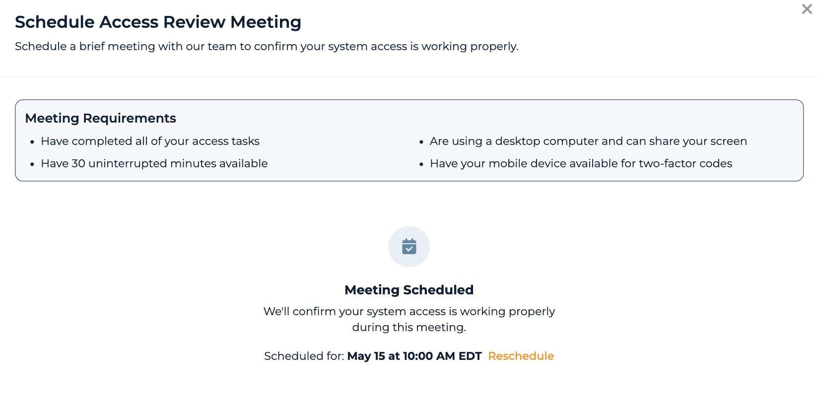Access Review stage with the Meeting Requirements list and Schedule Meeting action