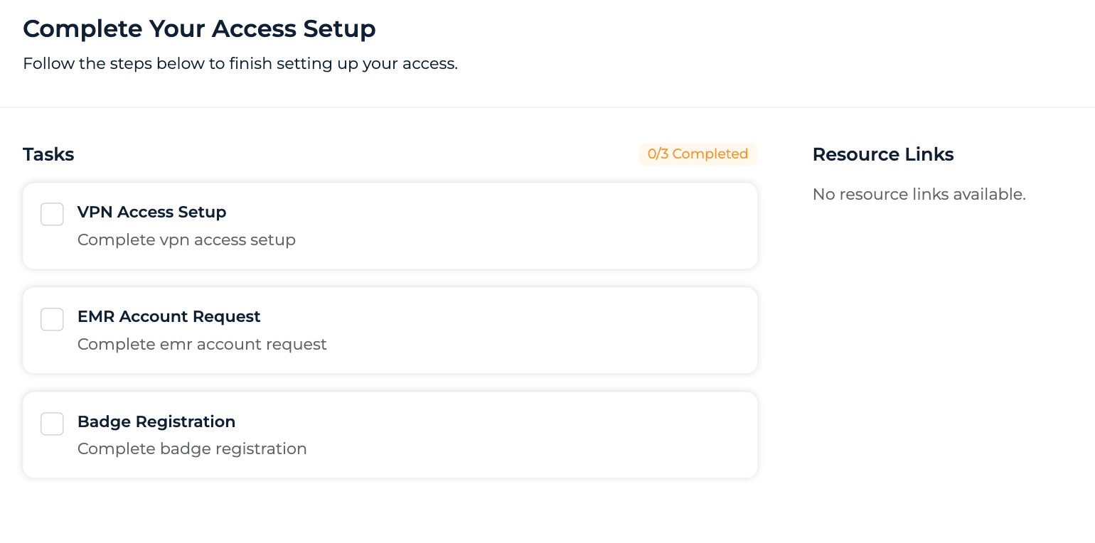 Access stage with the access tasks list on the left and Resource Links on the right