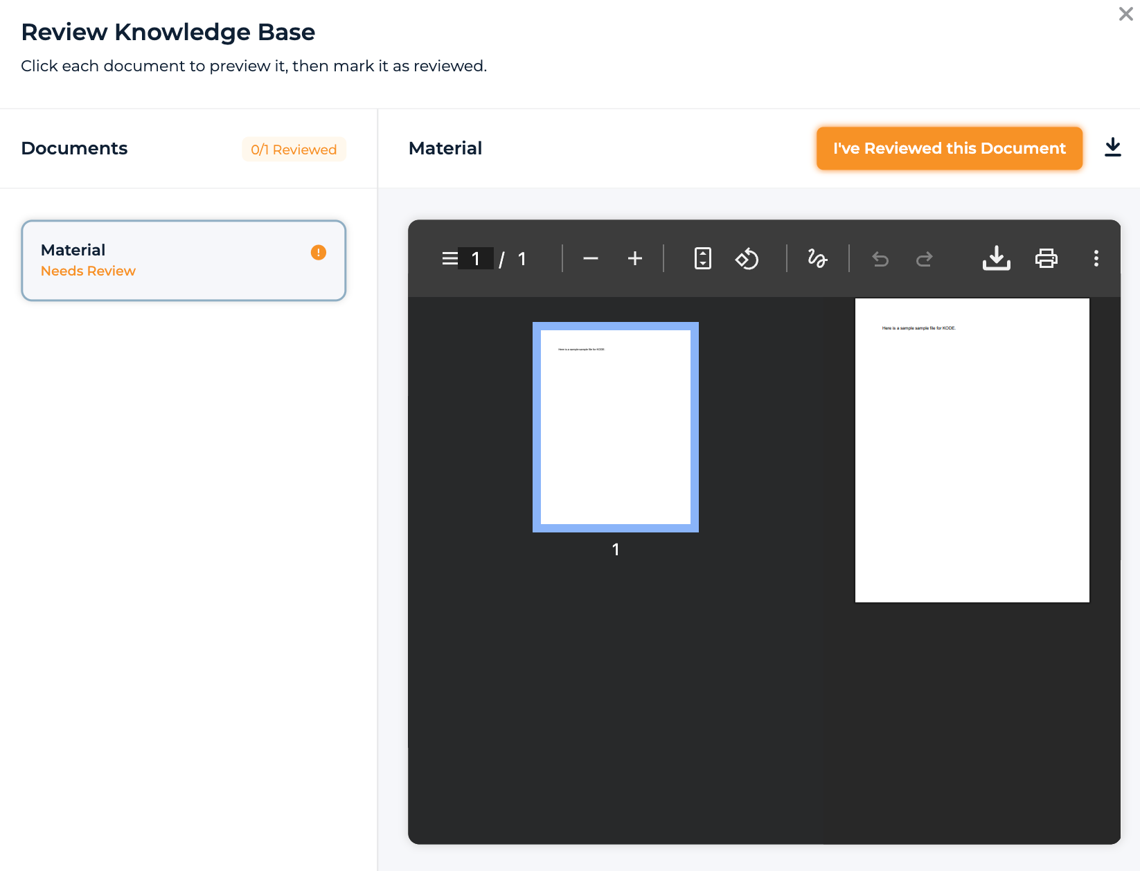 Review Knowledge Base stage with the document list on the left and the preview pane on the right