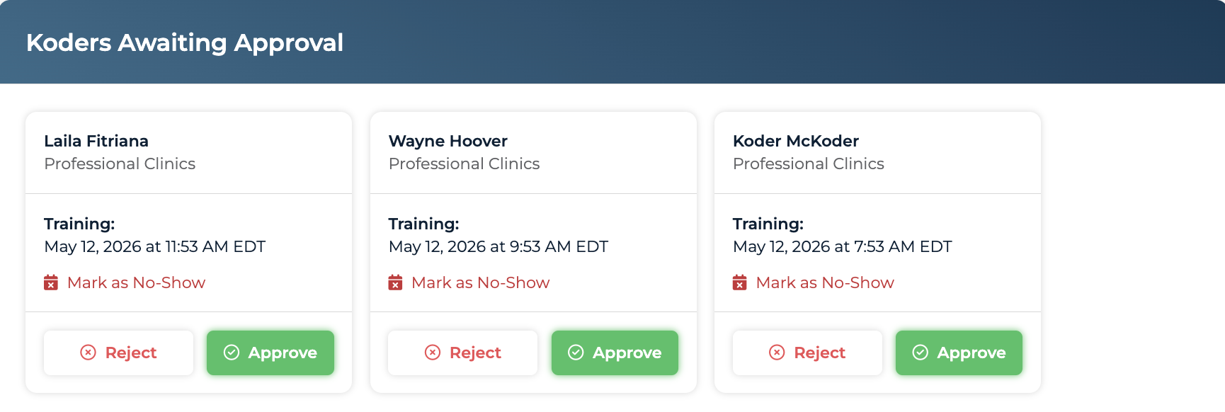 Koders Awaiting Approval section with per-koder cards