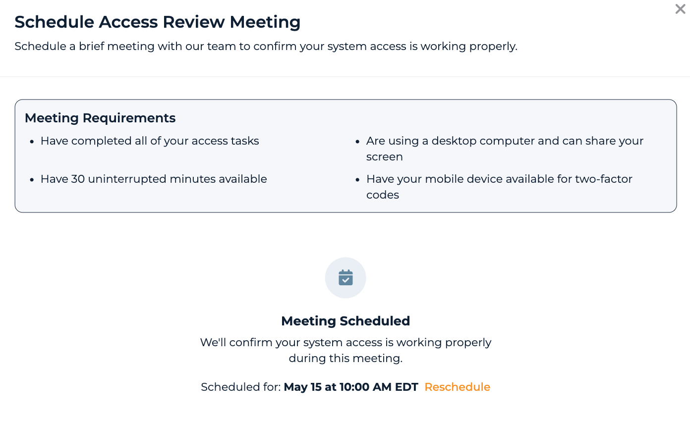 Access Review stage with the Meeting Requirements list and Schedule Meeting action