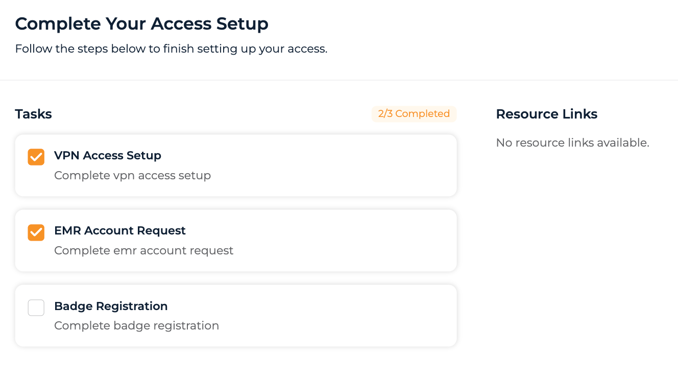 Access stage with the access tasks on the left and Resource Links on the right