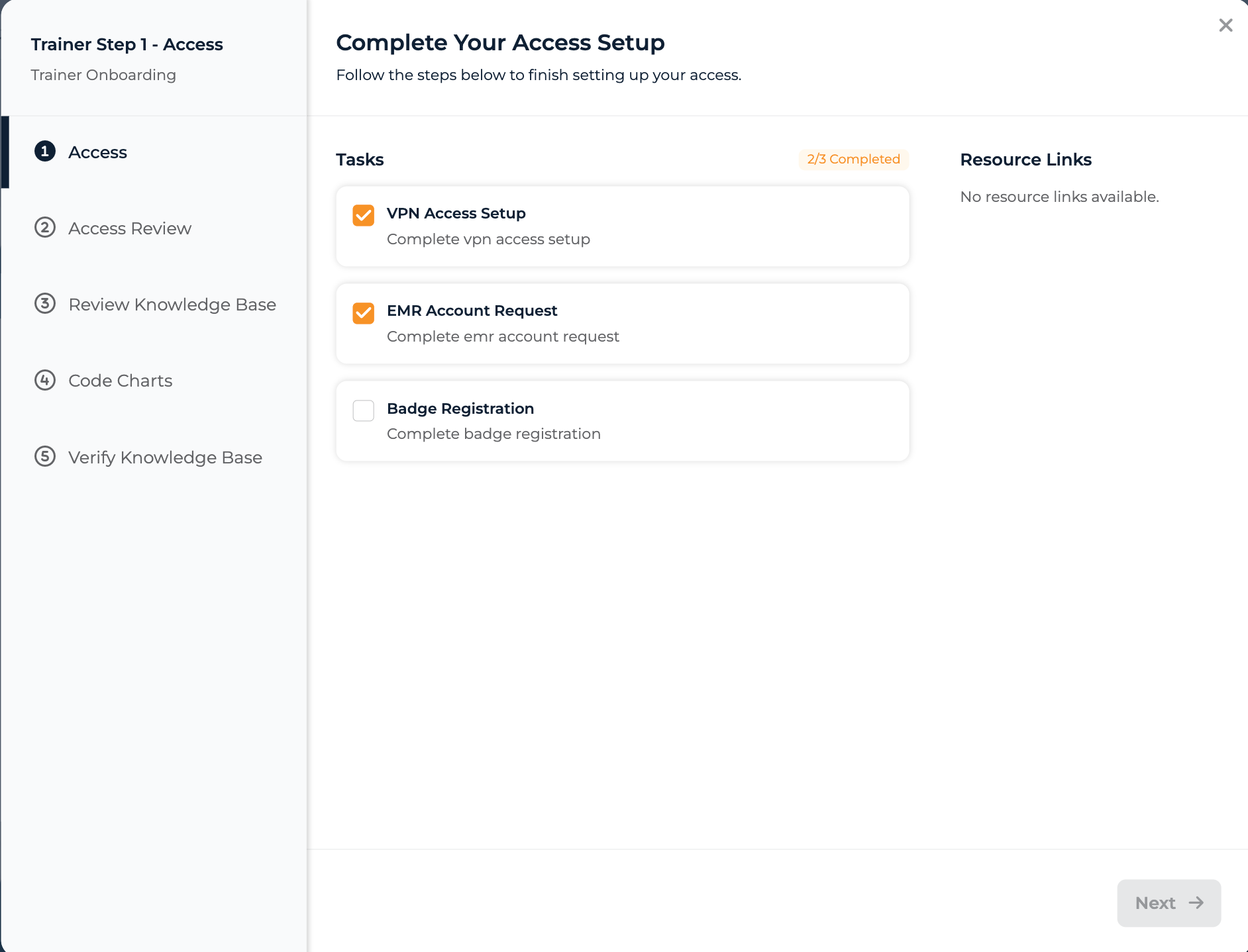 Trainer onboarding wizard with sidebar navigation and team name as the sidebar title