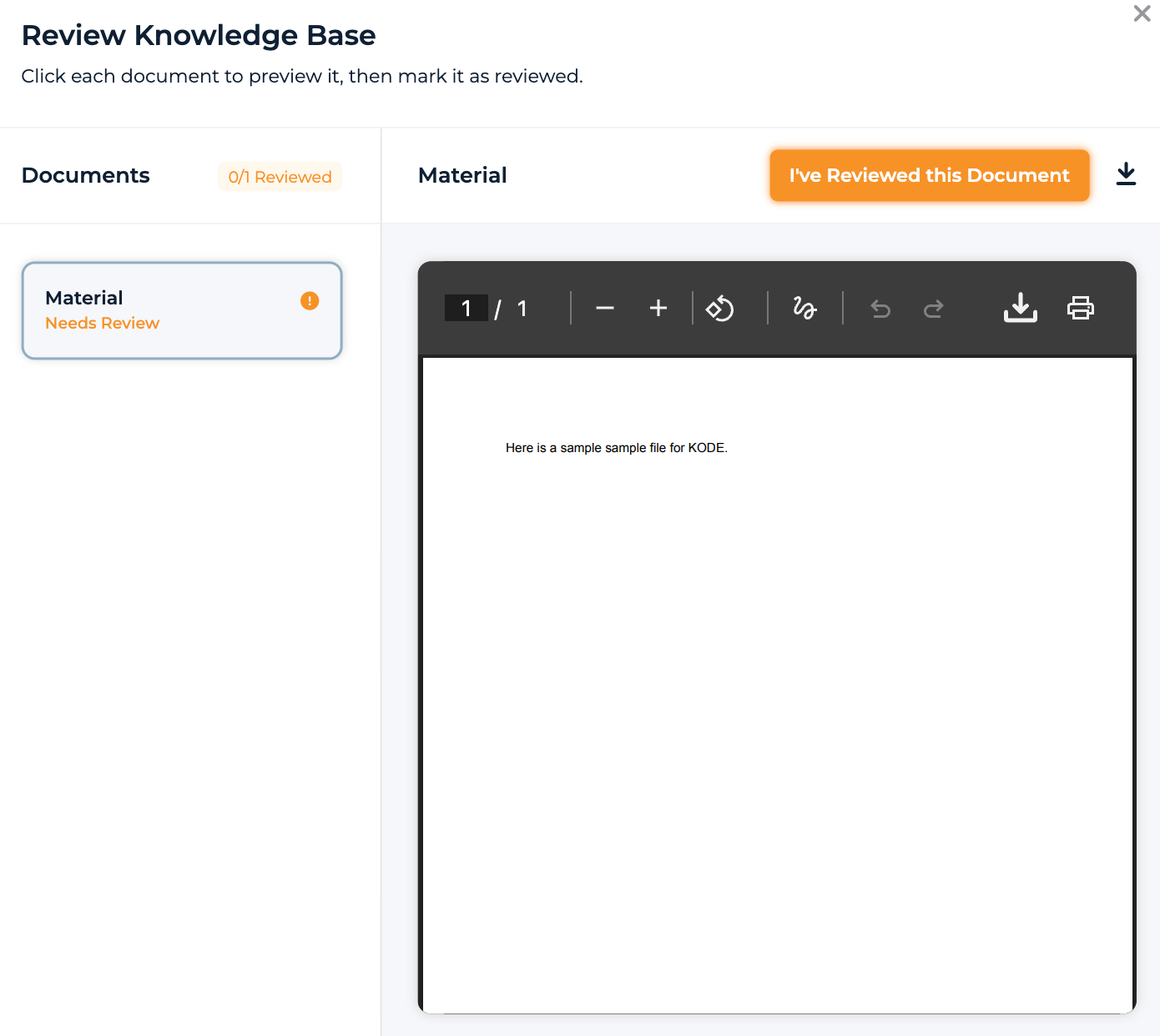 Review Knowledge Base stage with the document list and inline preview pane