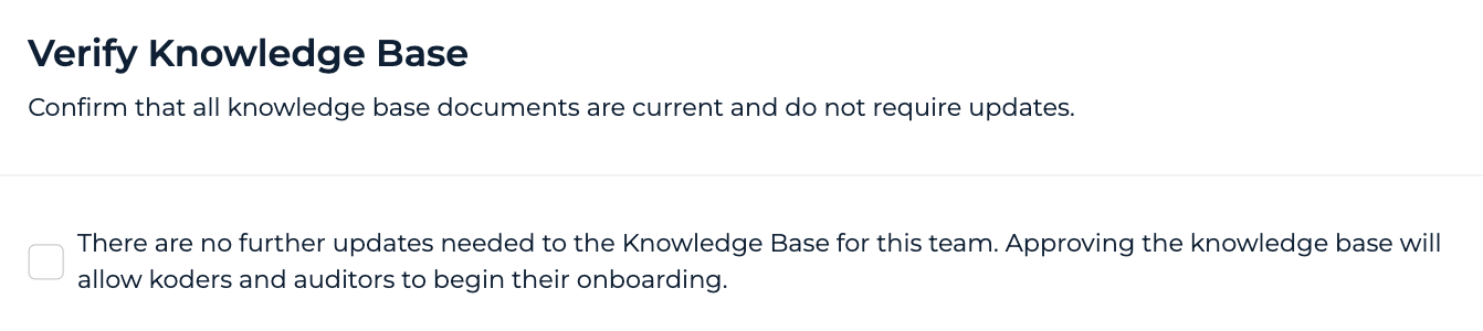Verify Knowledge Base stage with the attestation checkbox and the list of all KB documents with last-updated dates