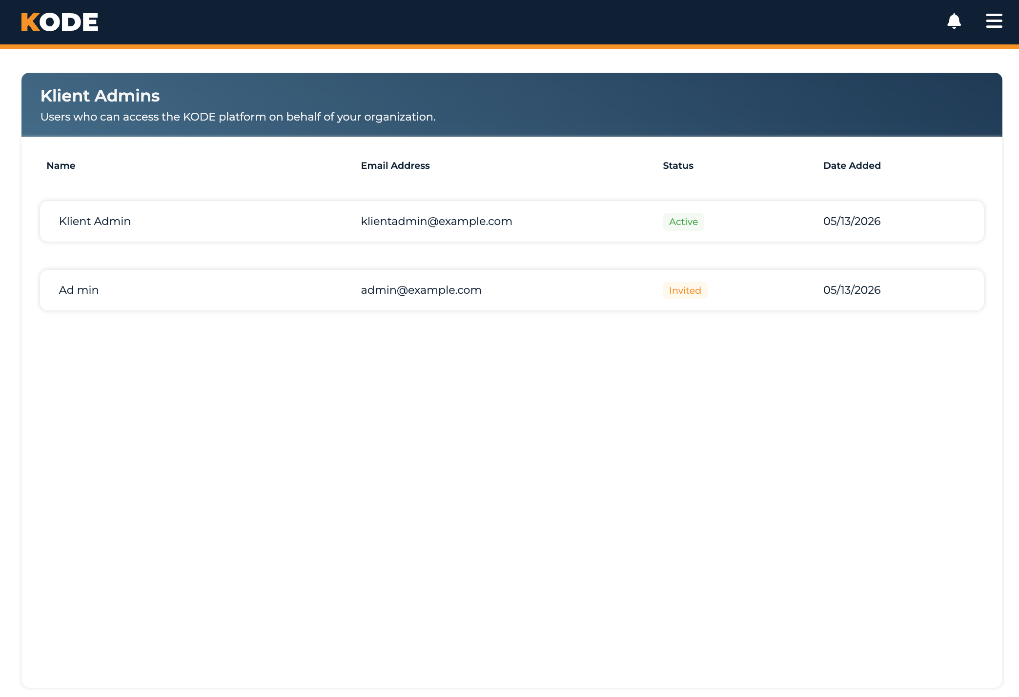 Klient Admins page with the combined roster of active admins and pending invitations