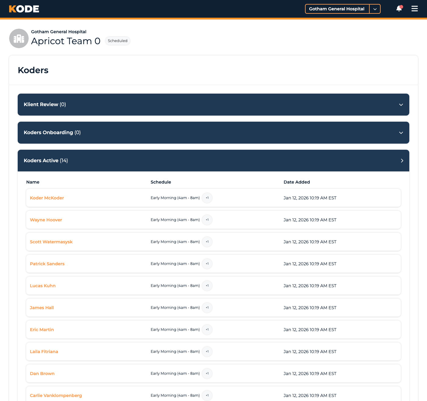 Team Connections page with the Klient Review, Onboarding, and Active accordion sections