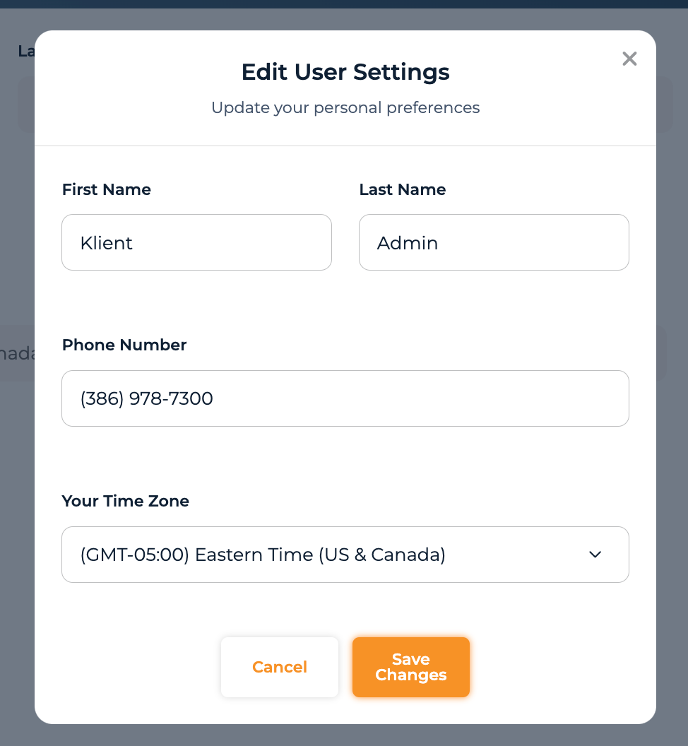 Edit User Settings modal