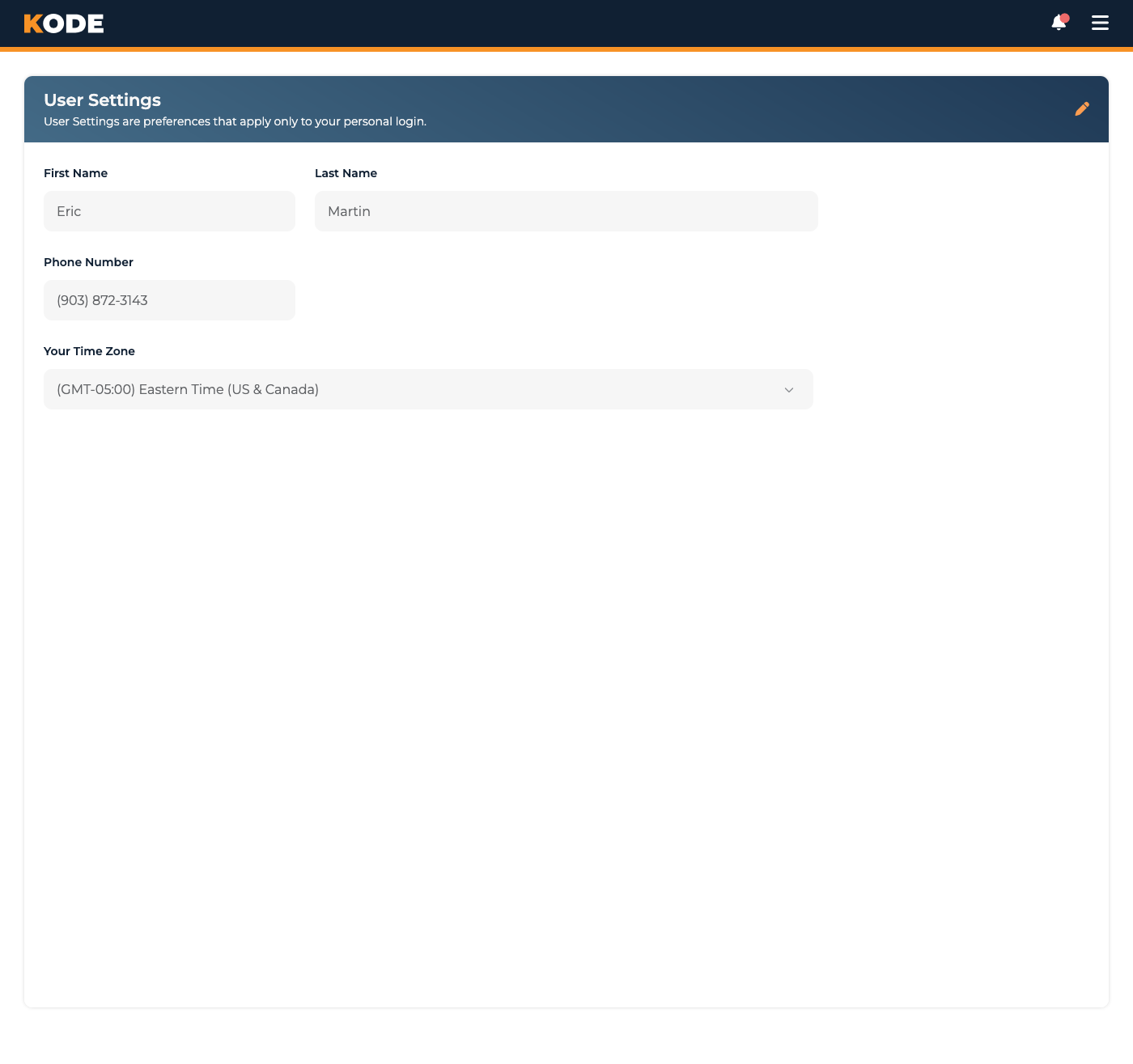User Settings page showing your name, phone, and time zone