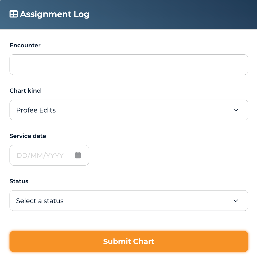 Assignment Log form with the Status dropdown, optional Notes, and the Submit Chart button