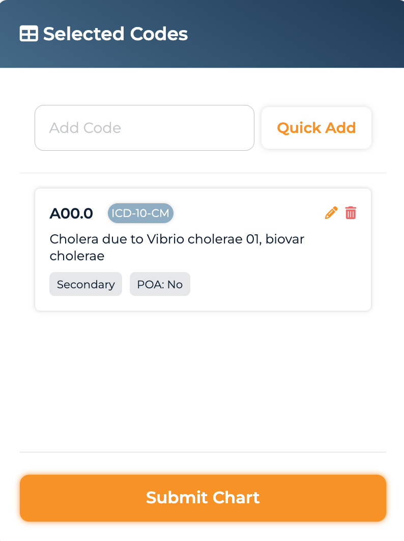 Selected Codes card showing codes added via Quick Add