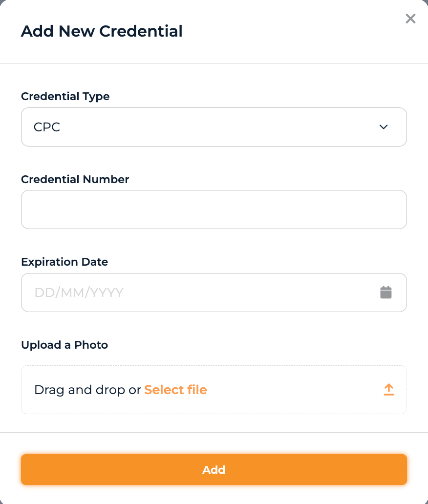 Add New Credential modal with the Credential Type, Number, Expiration Date, and Upload fields