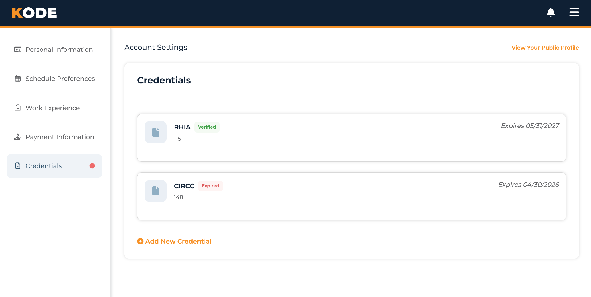 Credentials page with the list of your professional credentials and the Add New Credential action