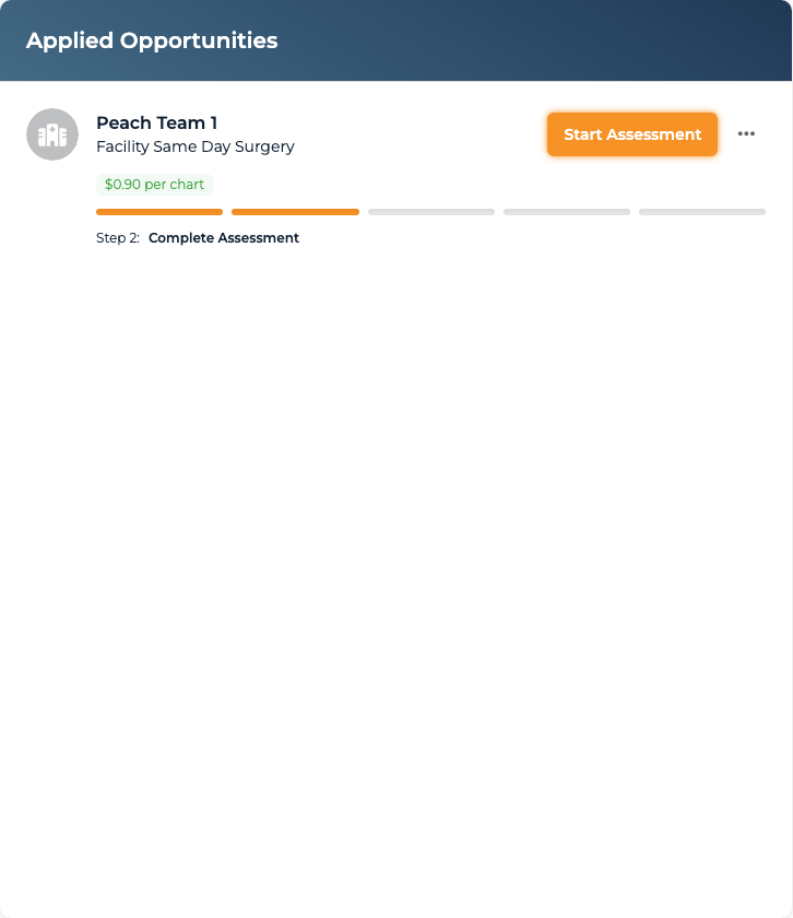 Applied Opportunities section listing teams reviewing your application and any pending assessments
