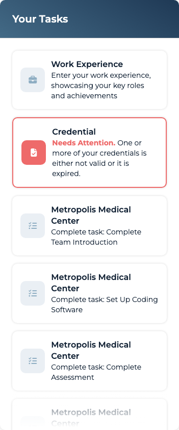 Your Tasks card listing pending action items (profile completion, credentials, banking, team invitations, and tasks)