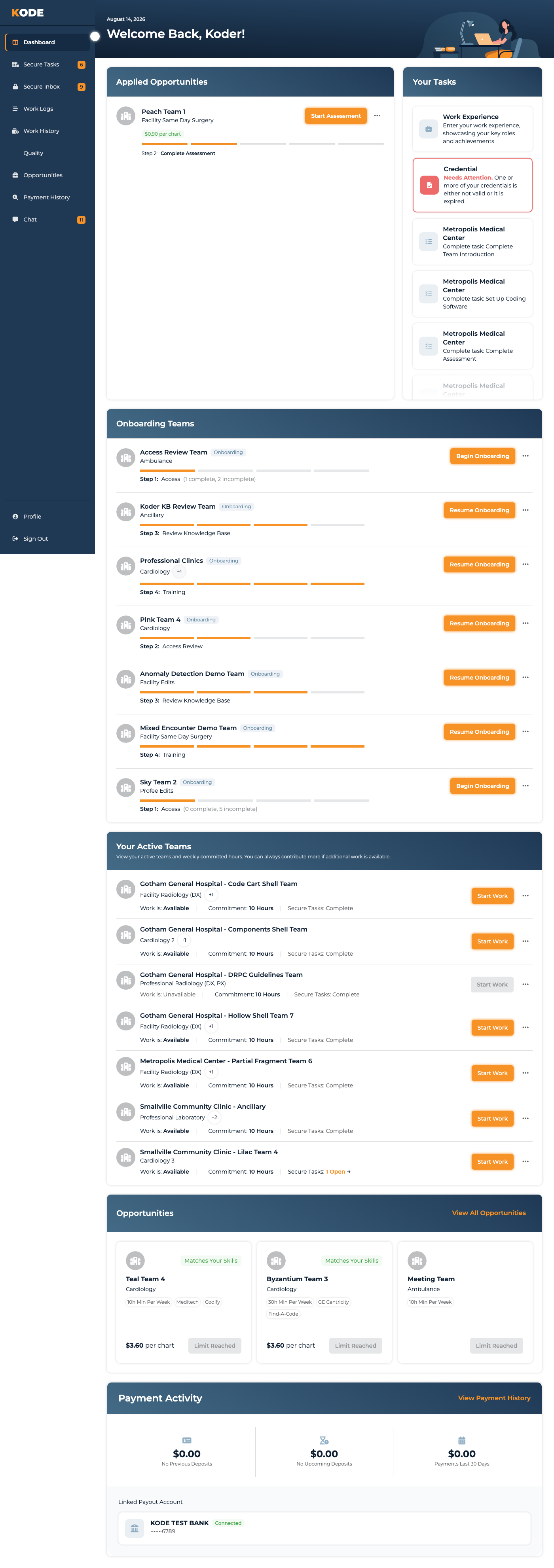 Koder Dashboard with the left navigation sidebar and personalized work sections