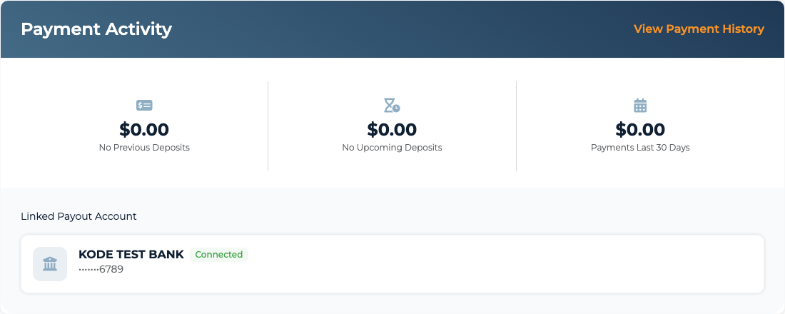 Payment Activity panel with your last payout, unpaid earnings, and next scheduled payout