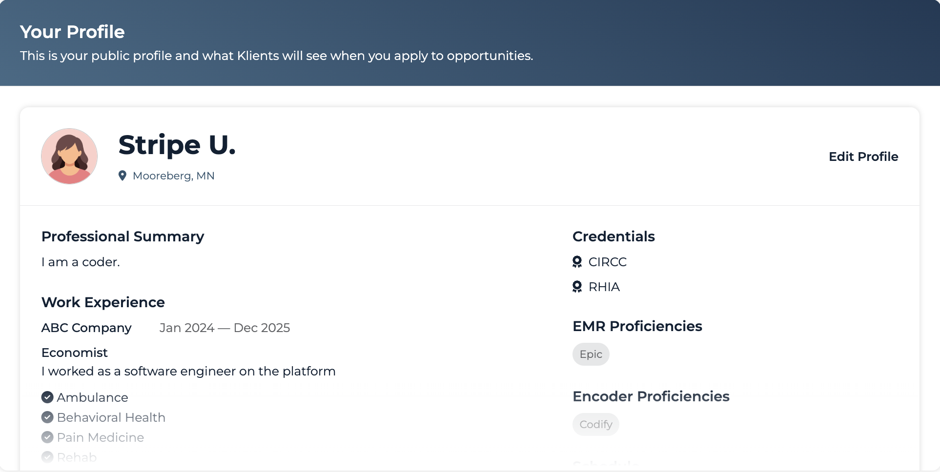 Your Profile card showing the public coder profile Klients see when you apply to opportunities