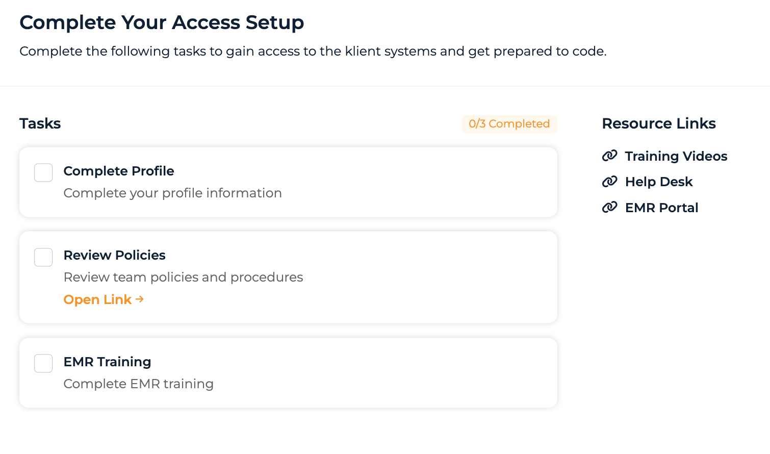 Access stage with tasks and resource links