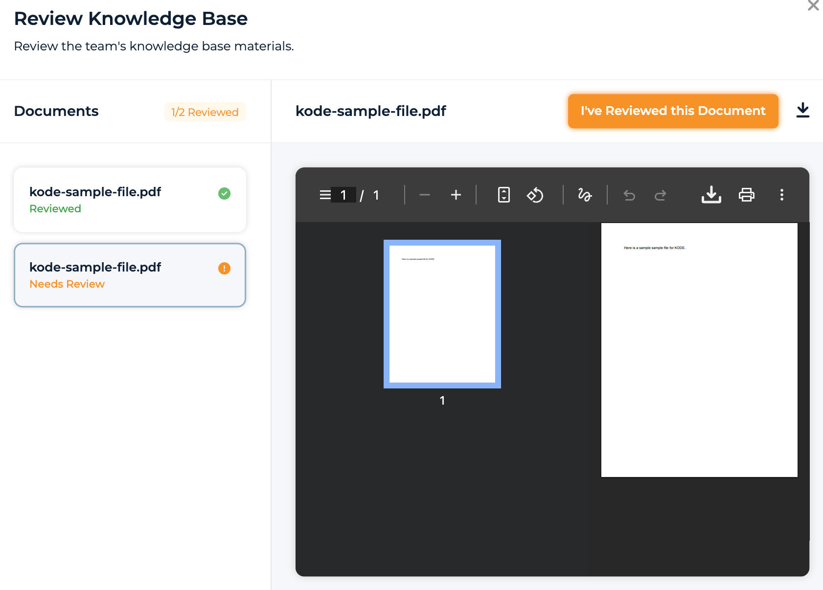 Review Knowledge Base stage with document list and preview