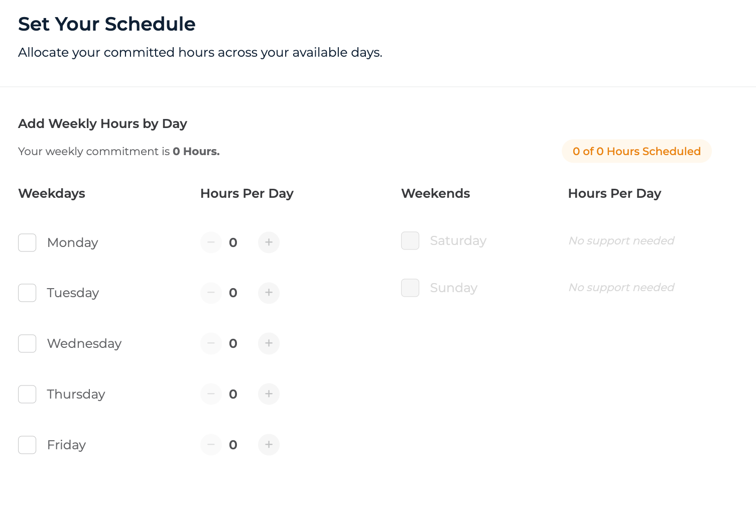 Set Schedule stage with the weekly hours-by-day allocation grid (only shown when you've committed weekly hours)
