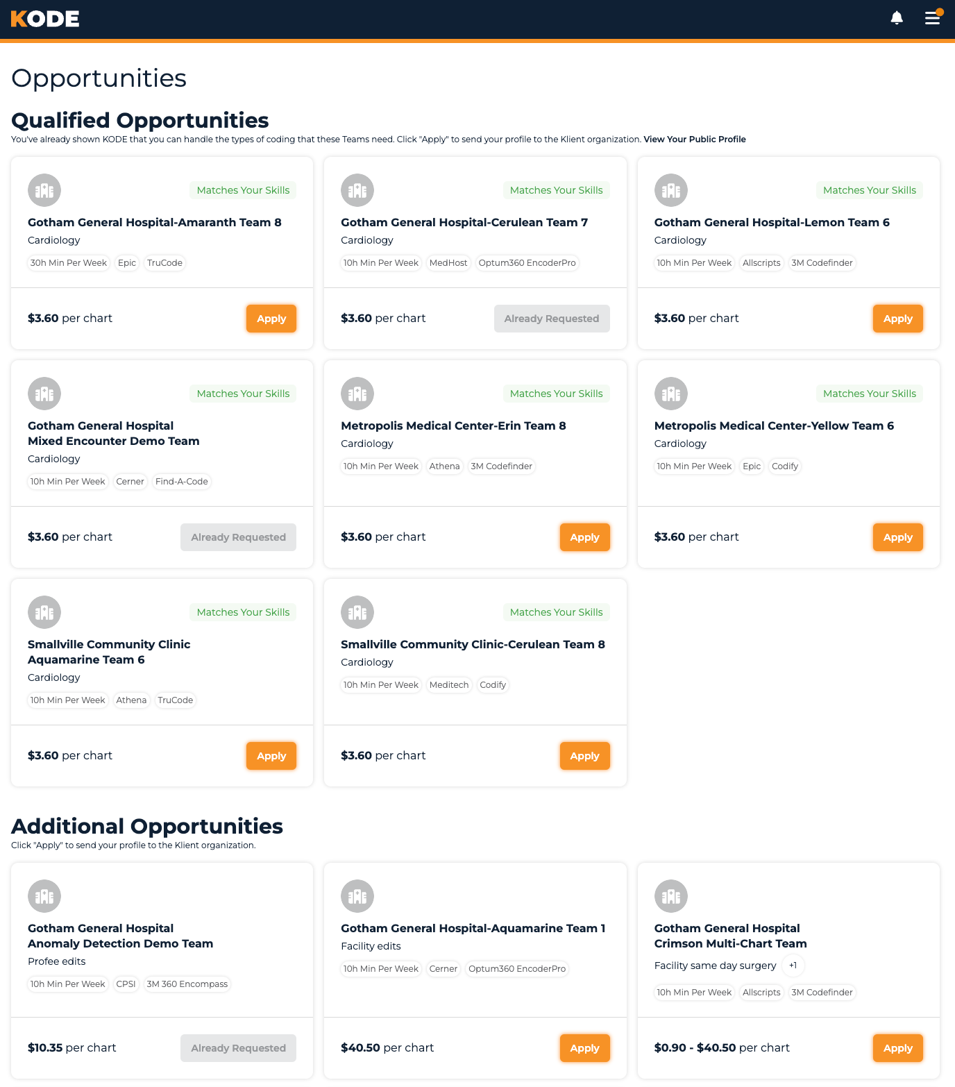 Team Opportunities page with the Invited, Qualified, and Additional sections