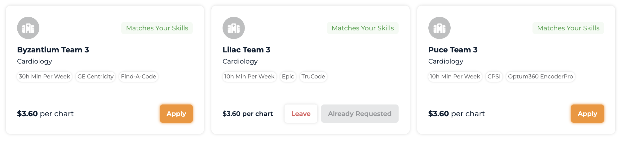 Qualified Opportunities section with teams whose specialties match your credentials