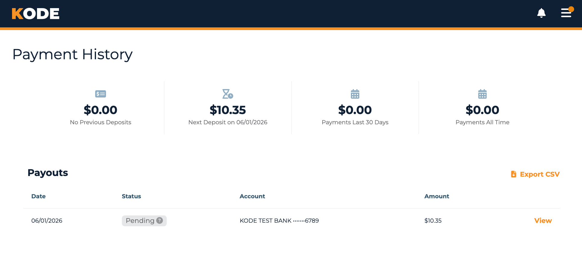 Payment History page with the summary cards and the payouts table