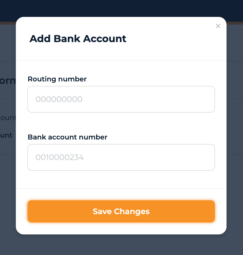 Add Bank Account modal with the Routing Number and Bank Account Number fields