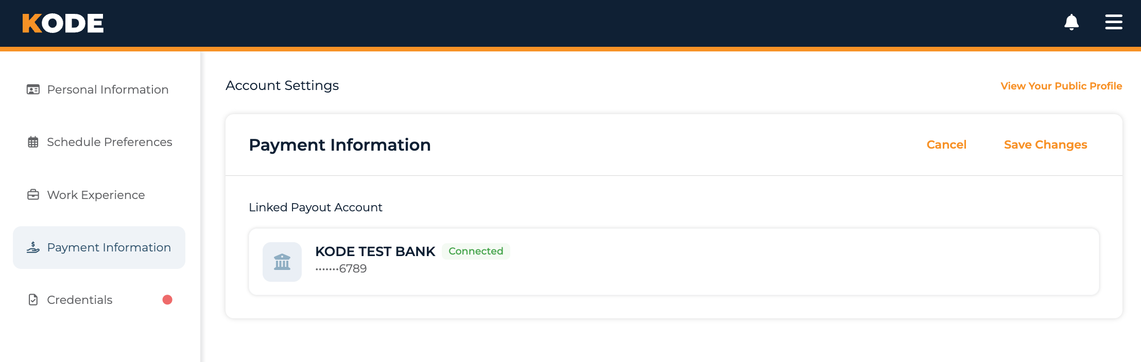 Payment Information page with the linked payout account or the Add Bank Account button