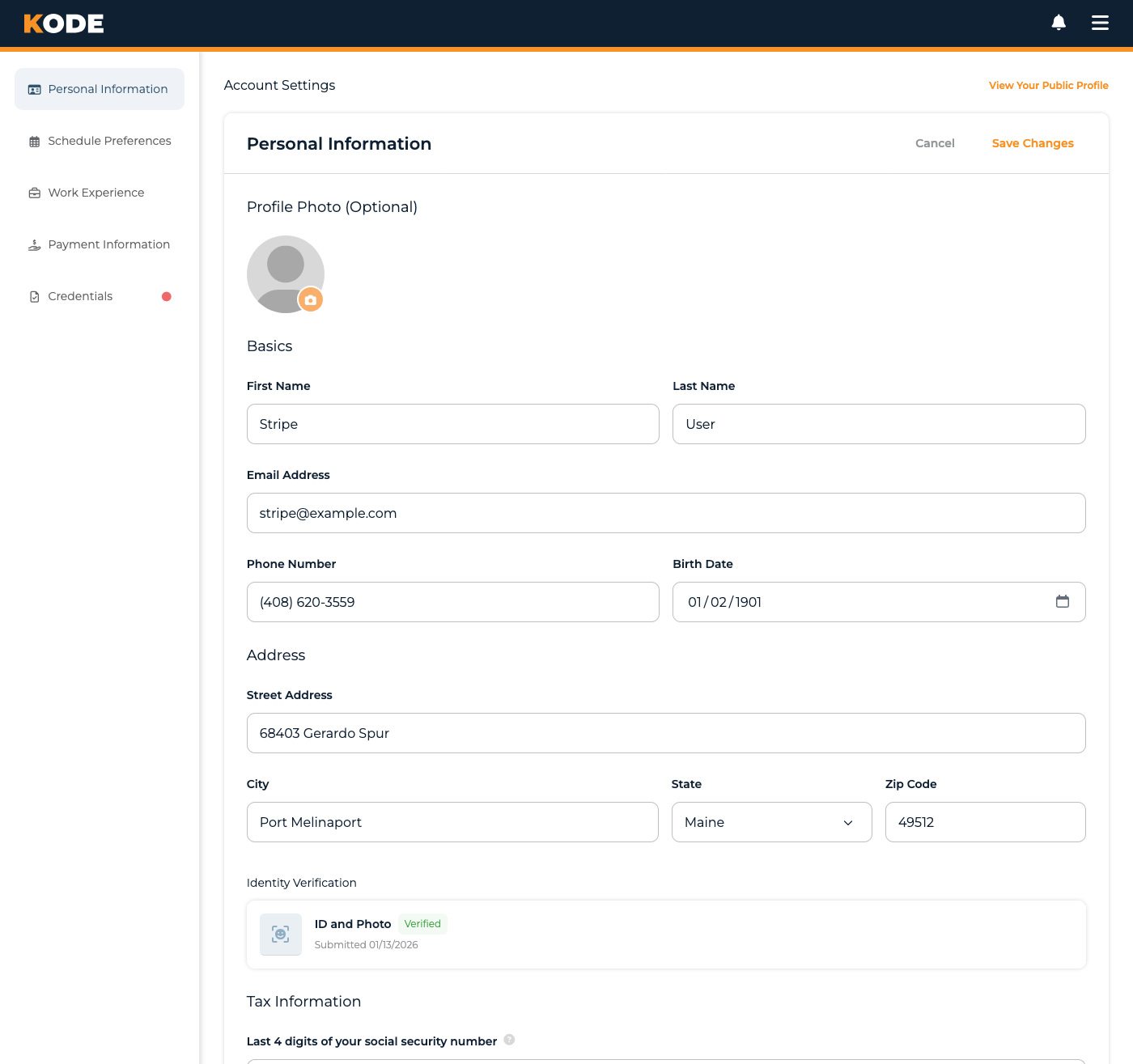 Personal Information page with profile photo, basics, address, identity verification, and tax info sections