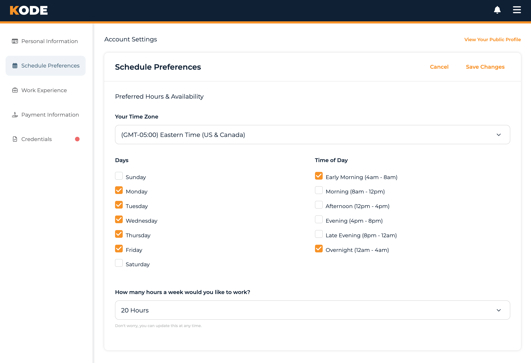 Schedule Preferences form with Time Zone, Days, Time of Day, and Desired Hours fields