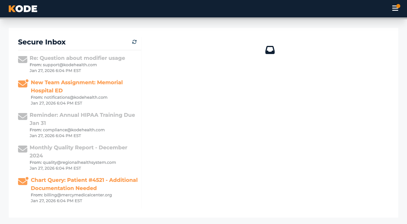 Secure Inbox split-pane view with the message list on the left and the selected message on the right