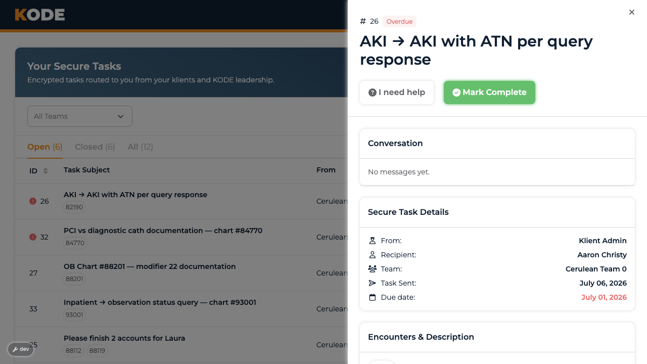 A task opened in the slide-out, showing the conversation, details, encounters, and attachments