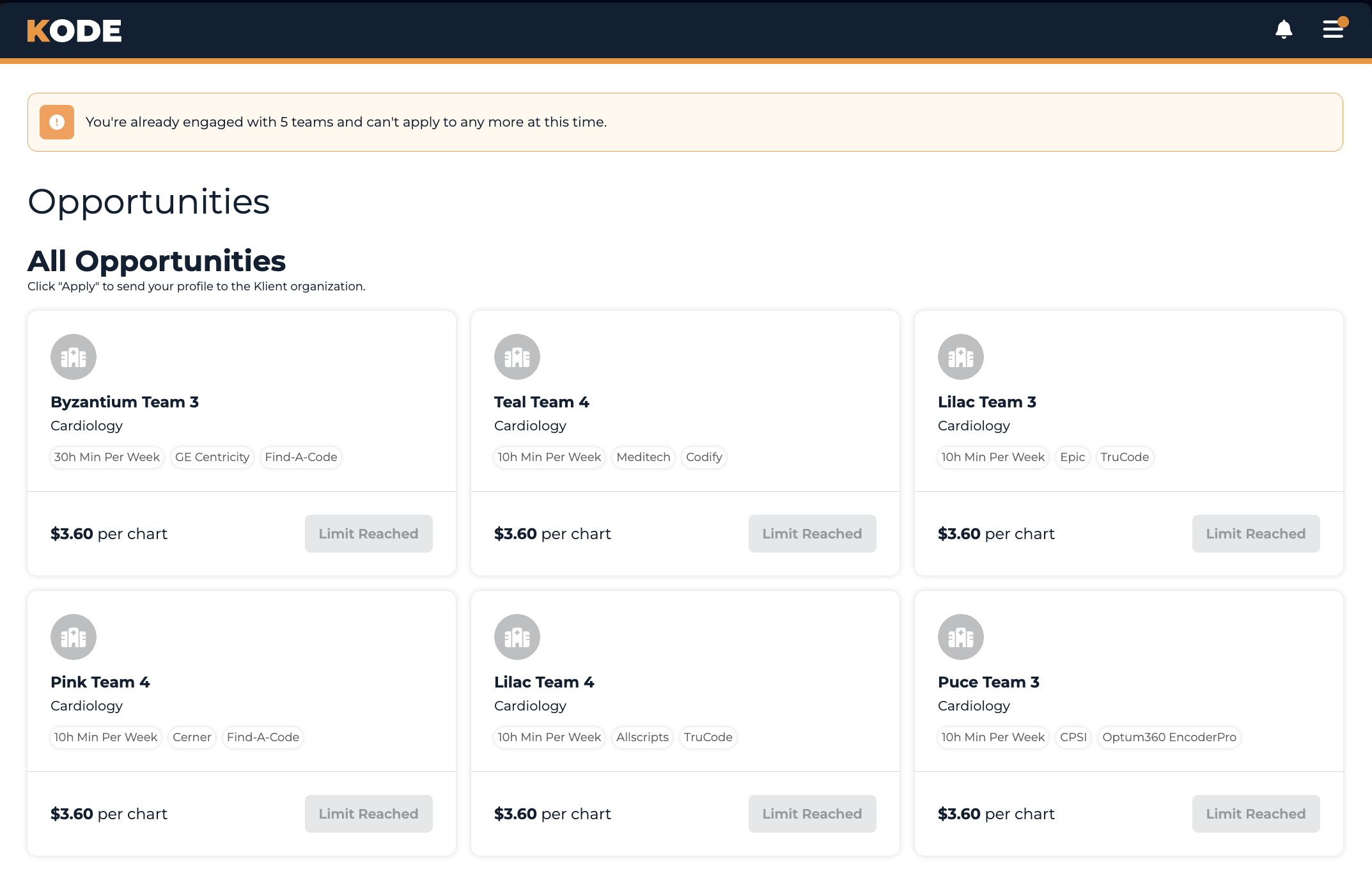 Opportunities page when you're already engaged with 5 teams — the warning banner sits above the sections and eligible tiles show Limit Reached