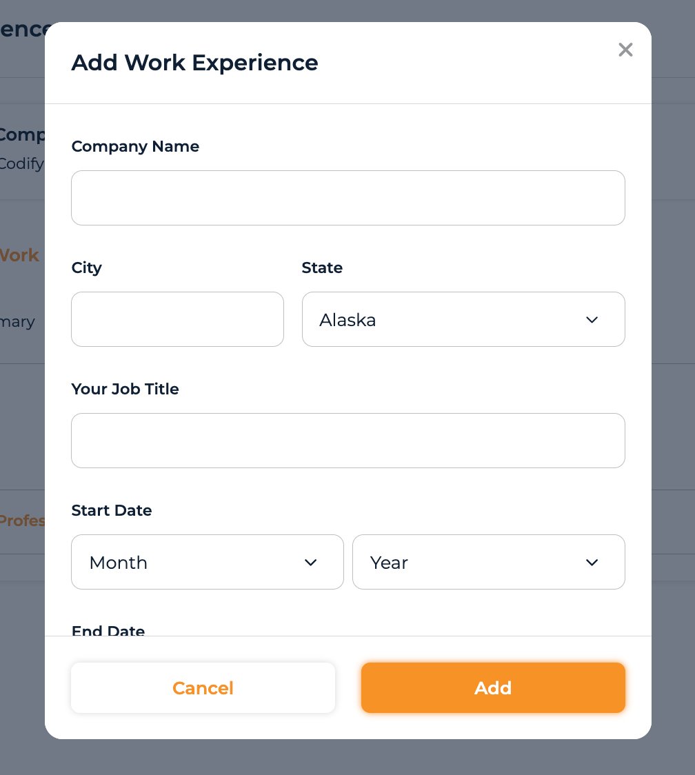 Add New Work Experience modal with company, dates, coding types, EMR, and encoder fields