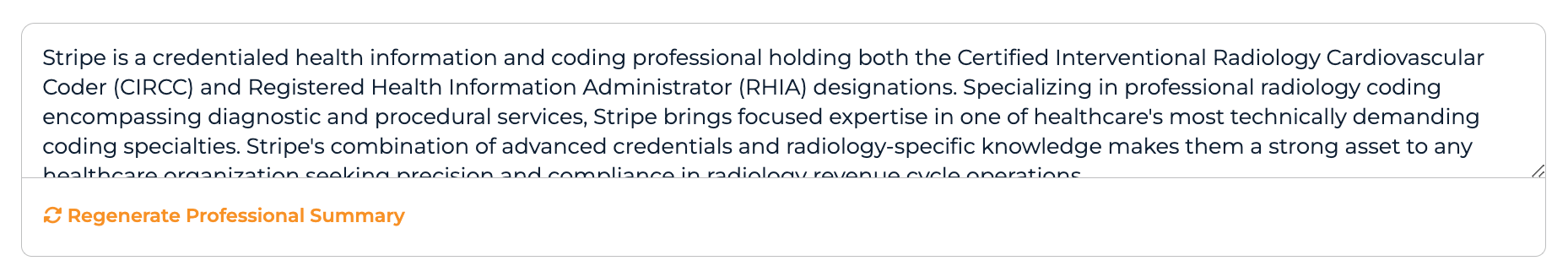 Professional Summary section with the bio textarea and Regenerate Professional Summary action